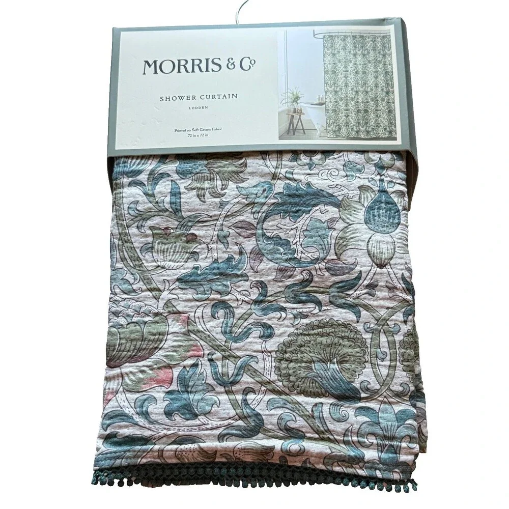 William Morris Co Lodden Shower Curtain Sage Green Teal 100% Cotton Gauze Floral